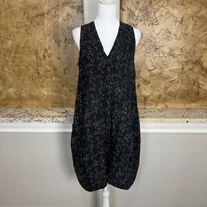 Inizio Linen Dress Small Black Paint Splatter V-Neck Sleeveless Lagenlook Italy